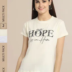 Fabflee Women Pack of 2 Yellow & Grey Typography Printed Cotton T-shirt-image-66