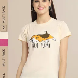 Fabflee Women Beige Pack of 2 Printed Cotton T-shirts-image-26