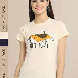 Fabflee Women Beige & Black Pack of 2 Printed Cotton T-shirts-image-83