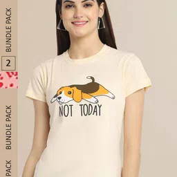 Fabflee Women Beige & Peach Pack of 2 Graphic Printed Cotton T-shirt-image-40