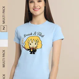 Fabflee Women Pack Of 2 Blue & Off White Printed Cotton T-shirts-picture-31