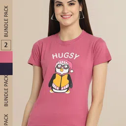 Fabflee Women Pack Of 2 Peach-Coloured & Black Printed Cotton T-shirt-picture-36