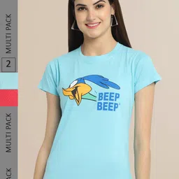 Fabflee Women Turquoise Blue & Red Pack of 2 Typography Printed Cotton T-shirts-picture-30