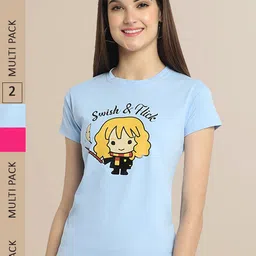 Fabflee Women Blue & Pink Pack of 2 Printed Cotton T-shirts-image-85