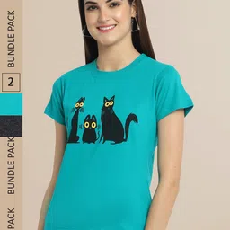 Fabflee Women Blue & Charcoal Pack of 2 Graphic Printed Cotton T-shirt-picture-21