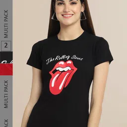 Fabflee Women Black & Red Pack of 2 Typography Printed Cotton T-shirts-picture-41