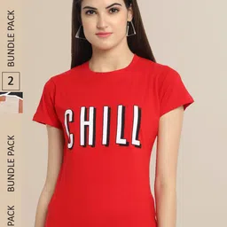 Fabflee Women Red & Beige Pack of 2 Graphic Printed Cotton T-shirt-image-43