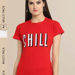 Fabflee Women Red & Off White Pack of 2 Typography  Printed Cotton T-shirts-image-29