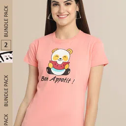 Fabflee Women Peach & Pink Pack of 2 Graphic Printed Cotton T-shirt-image-19