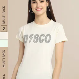 Fabflee Women Off White & Cream Pack Of 2 Typography Printed Cotton T-shirts-picture-10