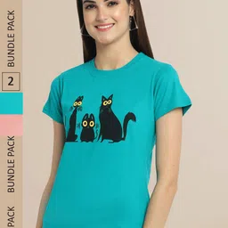 Fabflee Women Blue & Peach Pack of 2 Graphic Printed Cotton T-shirt-image-41