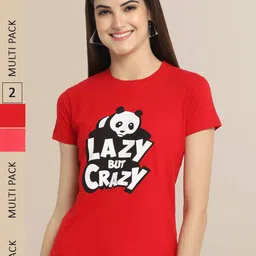 Fabflee Women Pack of 2 Red & Pink Printed Cotton T-shirt-image-49