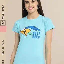 Fabflee Women Pack of 2 Blue & Pink  Printed Cotton T-shirts-image-48