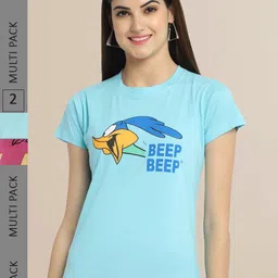 Fabflee Women Blue & Pink Pack of 2 Printed T-shirt-image-36