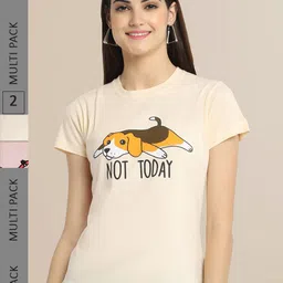 Fabflee Women Beige & Peach-Coloured Pack of 2 Printed T-shirt-image-20