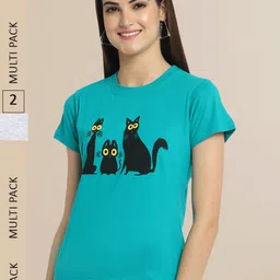Fabflee Women Green & Turquoise Blue Pack Of 2 Cotton Printed T-shirt-image-65