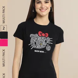 Fabflee Women Black & Pink Typography Pack of 2 Printed Cotto T-shirt-picture-14
