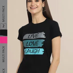 Fabflee Women Black & Pink Pack of 2 Printed T-shirt-image-31