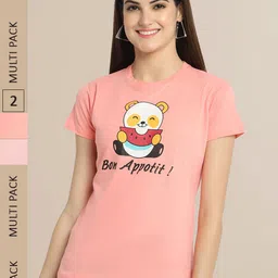 Fabflee Women Coral & Peach-Coloured Pack Of 2 Printed Cotton T-shirts-picture-26