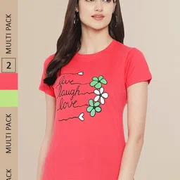 Fabflee Women Fuchsia & Fluorescent Green Pack of 2 Printed T-shirt-image-90