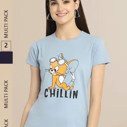 Fabflee Women Blue & Black Pack Of 2 Printed Cotton T-shirt-image-54