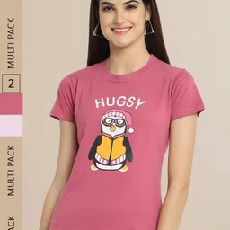 Fabflee Women Pink Pack Of 2 Printed Cotton T-shirts-image-10