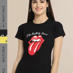 Fabflee Women Black & Yellow Pack Of 2 Printed Cotton T-shirt-image-81