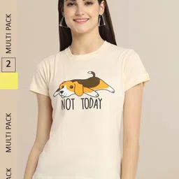 Fabflee Women Yellow & Beige  Pack Of 2 Cotton Printed T-shirt-image-34