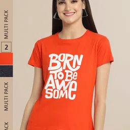 Fabflee Women Orange & Grey Pack Of 2 Printed Cotton T-shirts-image-65