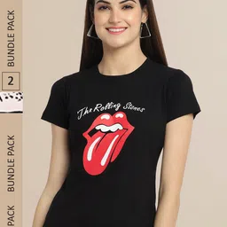 Fabflee Women Black & Pink Pack of 2 Graphic Printed Cotton T-shirt-image-69