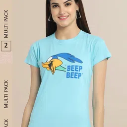 Fabflee Women Blue & Brown Pack of 2 Printed Cotton T-shirts-image-57