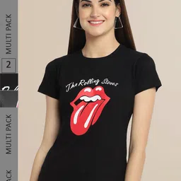 Fabflee Women Black Pack Of 2 Typography Print Cotton T-shirt-image-66