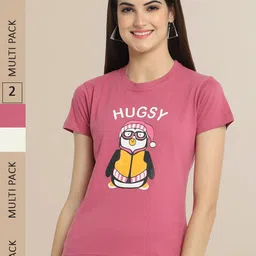 Fabflee Women Pack Of 2 Pink & Cream-Coloured Typography Printed Cotton T-shirt-image-57