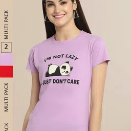 Fabflee Women Lavender & Red Pack of 2 Printed Cotton T-shirts-picture-37