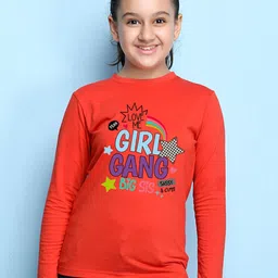 NUSYL Girls Red Typography Print Long Sleeves Cotton T Shirt-image-7