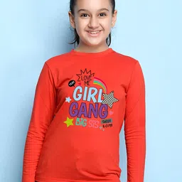 NUSYL Girls Red Typography Print Long Sleeves Cotton T Shirt-image-32