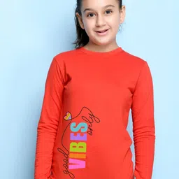 NUSYL Girls Red Typography Print Long Sleeves Cotton T Shirt-image-33