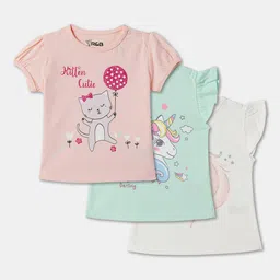 R&B Girls Pack Of 3 Round Neck Printed Relaxed Fit Cotton T-shirt-picture-52