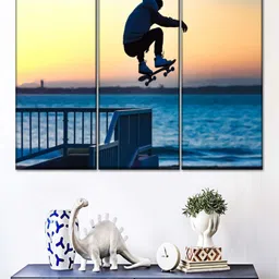 POSTERS AND TRUSS Blue & Orange Colored 3 Pieces Beachside Skateboard Jump Wall Art-image-92