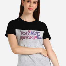 shashvi Women Grey Typography Printed Extended Sleeves T-shirt-image-63