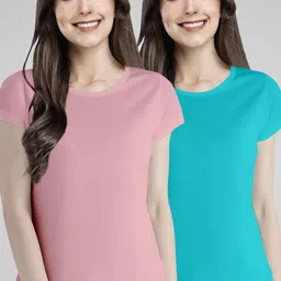 Pootlu Women Mauve & Turquoise Blue Pack Of 2 Cotton T-shirt-image-99