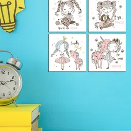 WENS Set Of 4 White and pink Cute Unicorn Laminated Wall Arts image 3