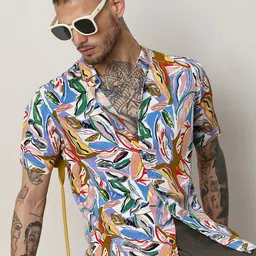 Campus Sutra White & Blue Classic Abstract Printed Casual Shirt image 1