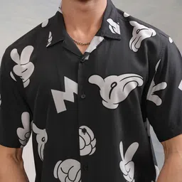 HIGHLANDER Mickey Doodle Printed Cuban Collar Viscose Relaxed Shirt image 4