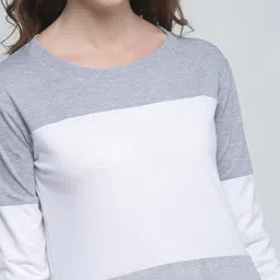 Trends Tower Women Grey Melange & White Colourblocked Pure Cotton T-shirt image 2