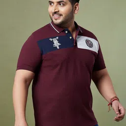 bigbanana Men Plus Size Maroon Colourblocked Polo Collar Pure Cotton T-shirt image 3