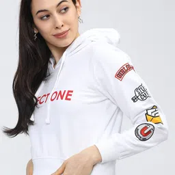 Tokyo Talkies Women White Printed Hooded Sweatshirt image 4
