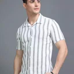 HERE&NOW Slim Fit Vertical Striped Cuban Collar Cotton Casual Shirt image 5