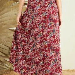 Berrylush Maroon Floral Printed High Rise Side Slit Maxi Skirt image 5