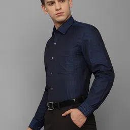 Luxure by Louis Philippe Men Navy Blue Slim Fit Grid Tattersall Checks Striped Formal Shirt image 3